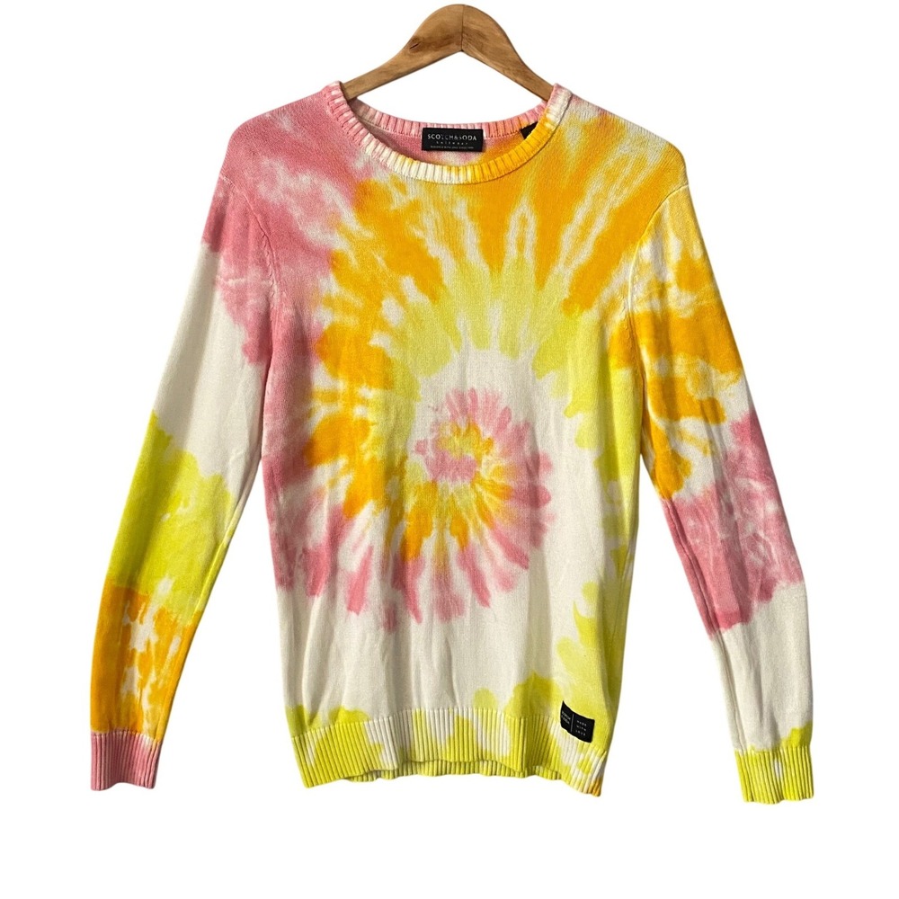 Scotch & Soda Sz Sm Festival Tie Dye Spiral Cotton Knit Sweater Pink Yellow
